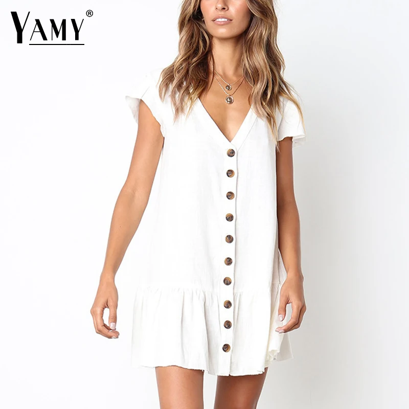 

Women summer dress korean ruffles button white dress 2018 short sleeve Office casual dress Sexy v neck linen beach dress vestido