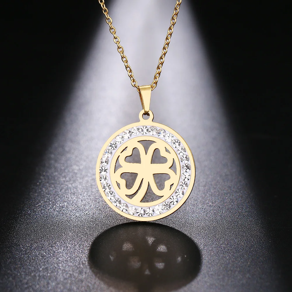 Cacana Stainless Steel Crystal Round Pendants Necklace Women Jewelry Hollow clover Donot Fade Valentine's Day Gift (5)