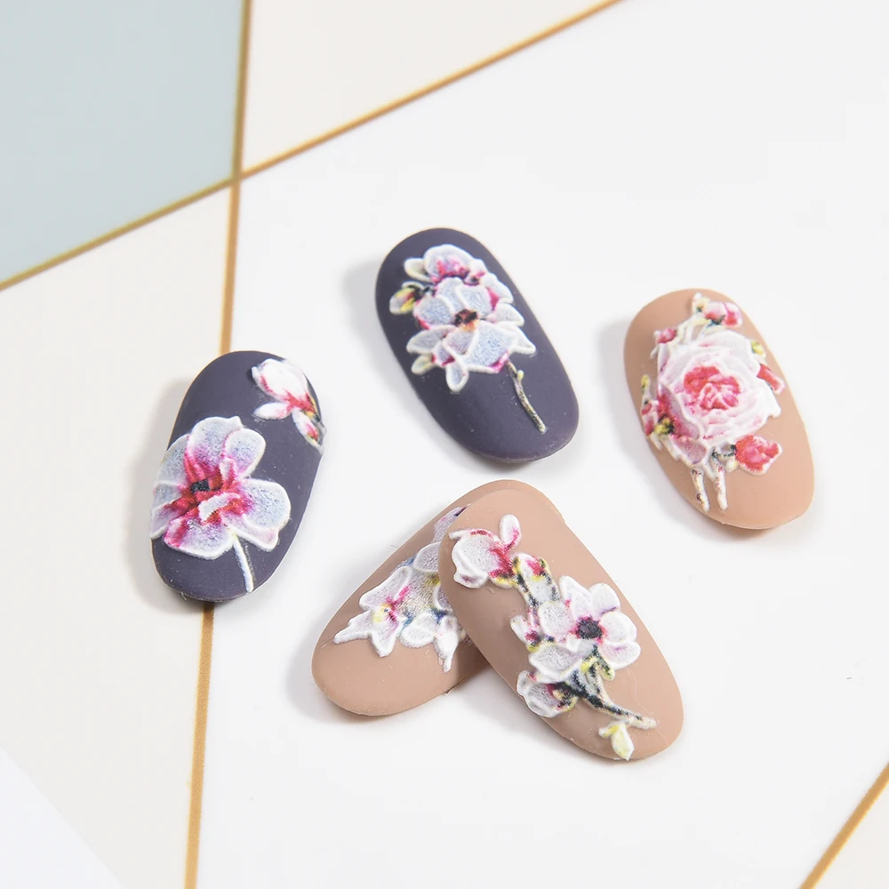 3D Acrylic Engraved flower Nail Sticker flower fruit Water Decals Empaistic Nail Water Slide Decals