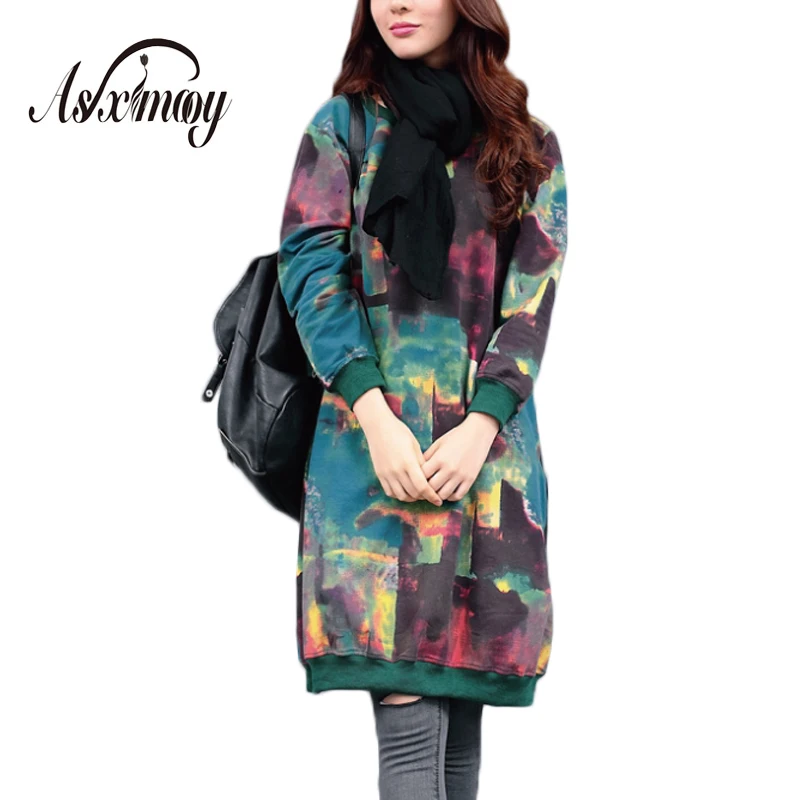 

Vintage Print Velvet Dress Long Sleeve Plus Size Women Thick Warm Hoodie Linen Winter Dresses Women 2018 Casual Sweatshirt Dress