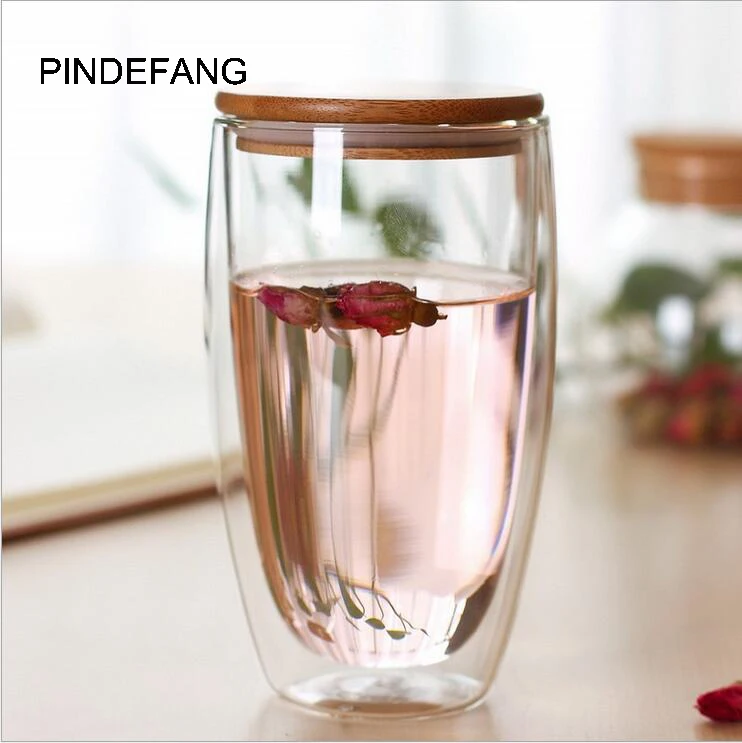 PINDEFANG 1 шт 450 мл стеклянная кофейная чашка с двойными стенками с бамбуковой крышкой, посуда для напитков, кружка для сока, личная чайная чашка для воды, горячая распродажа