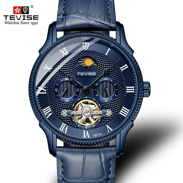 [Дропшиппинг] Мужские часы TEVISE, ремешок из натуральной кожи, турбийон, наручные часы, мужские, римские, механические, автоматические часы T851A - Цвет: Blue