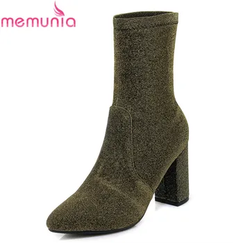 

MEMUNIA new arrival 2020 women boots solid suede leather ankle boots slip on pointed toe simple thick high heels boots wholesale