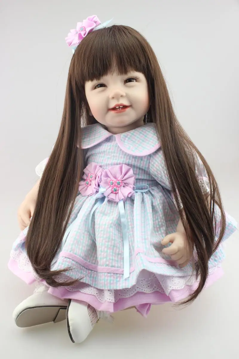 

22" sweet girl princess dolls/silicone baby-reborn dolls with brown long hair children dress up toys gift bonecas