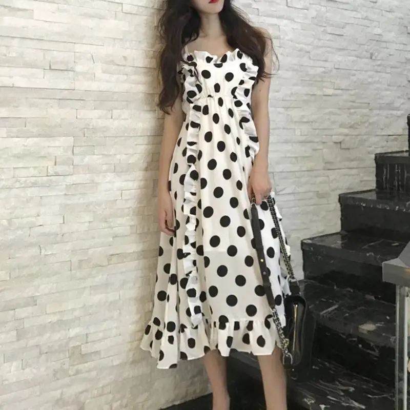 

Polka Dot Sexy Backless White Strap Dress Women Ruffle Korean Sweet High Waist Elegant Girl Vintage Summer Casual Midi Dresses