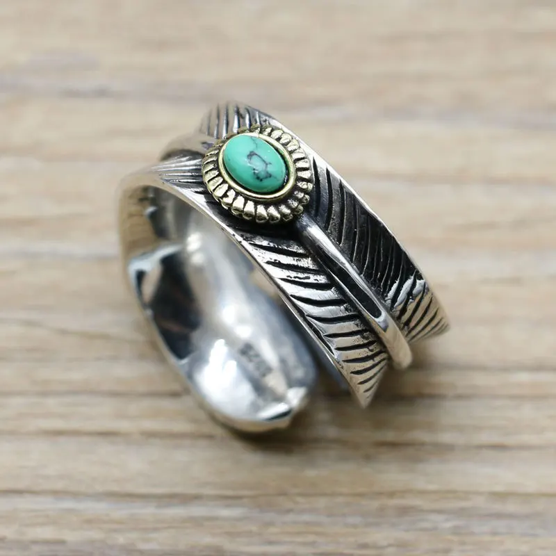 

Takahashi Kagura Goro Retro Thai Silver Ring Turquoise Feathers S925 Sterling Silver Ring Fashion Handmade Jewelry Open Ended