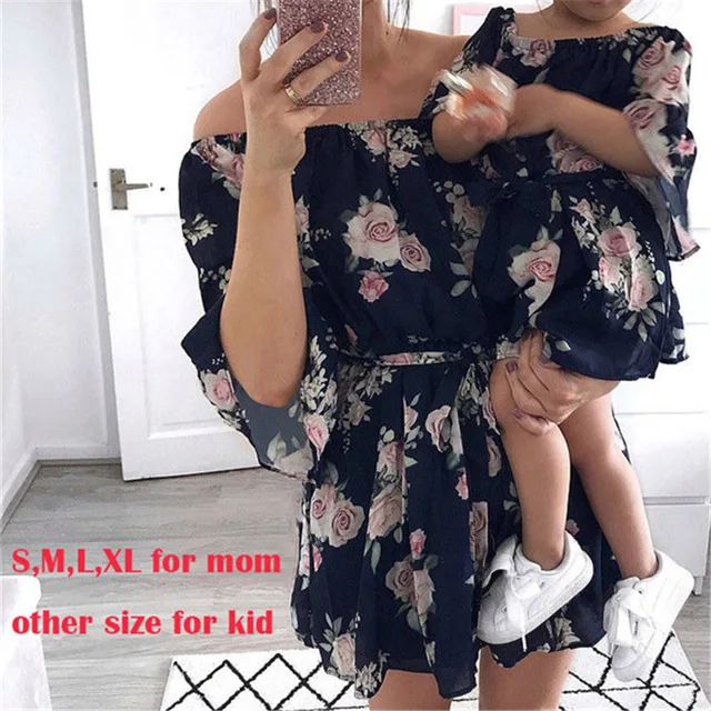 

Mother Daughter Family Matching Outfits Off Shoulder Floral Dress Summer Chiffon Girl Women Boho Loose Dresses Sundress Clothes