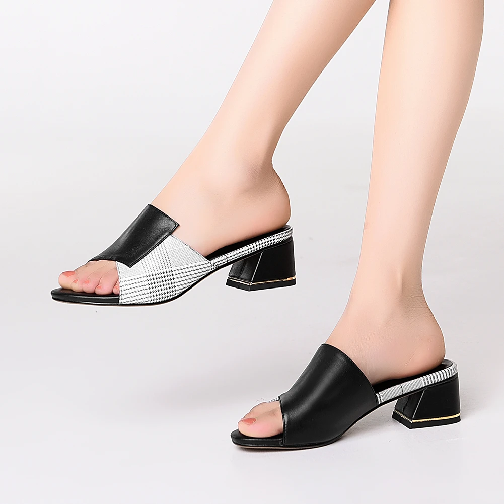 

LAPOLAKA Concise Genuine Cow Leather Shoes Mules Women Summer Chunky Heels Slippers Women Shoes Woman