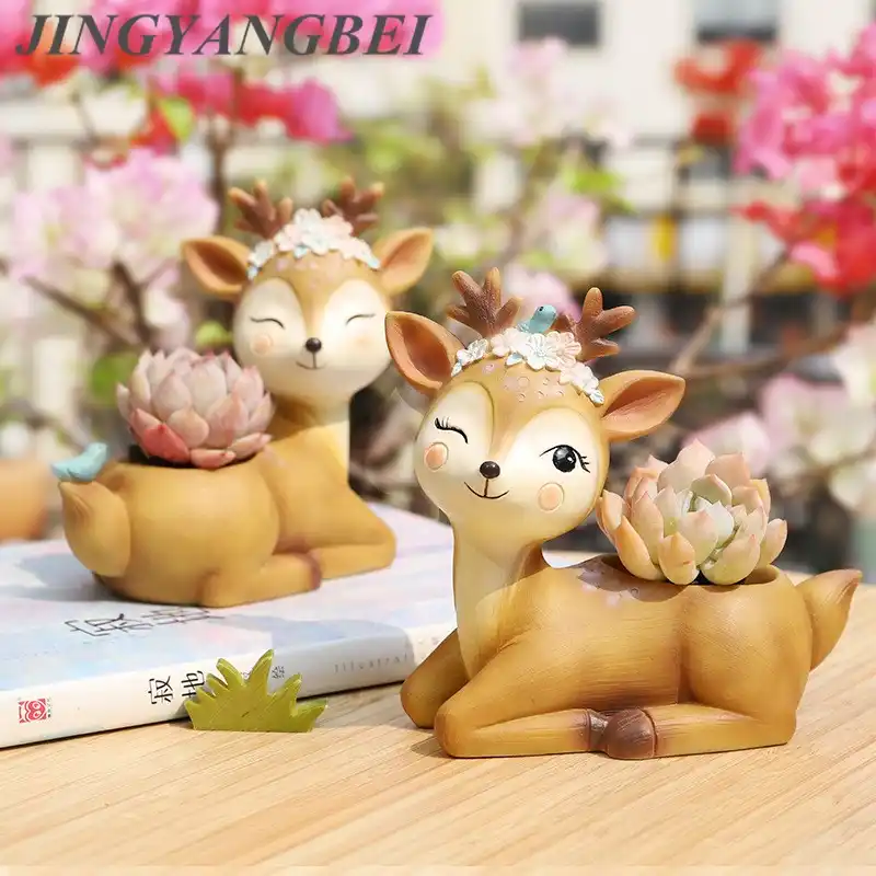 Cartoon Deer Flowerpot Round Succulent Plant Cactus Resin Cute Animal Flowerpot