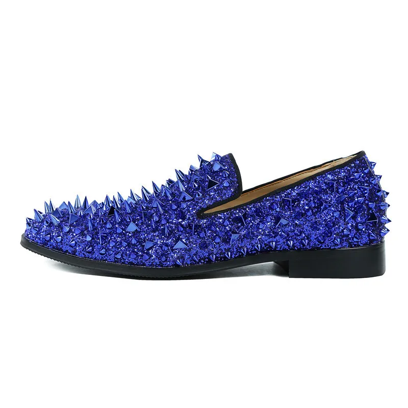 Glitter Rivet Casual Shoes Men Sequin Loafers Round Toe Slip On Flats Genuine Leather Studded Men Shoes Zapatillas Hombre