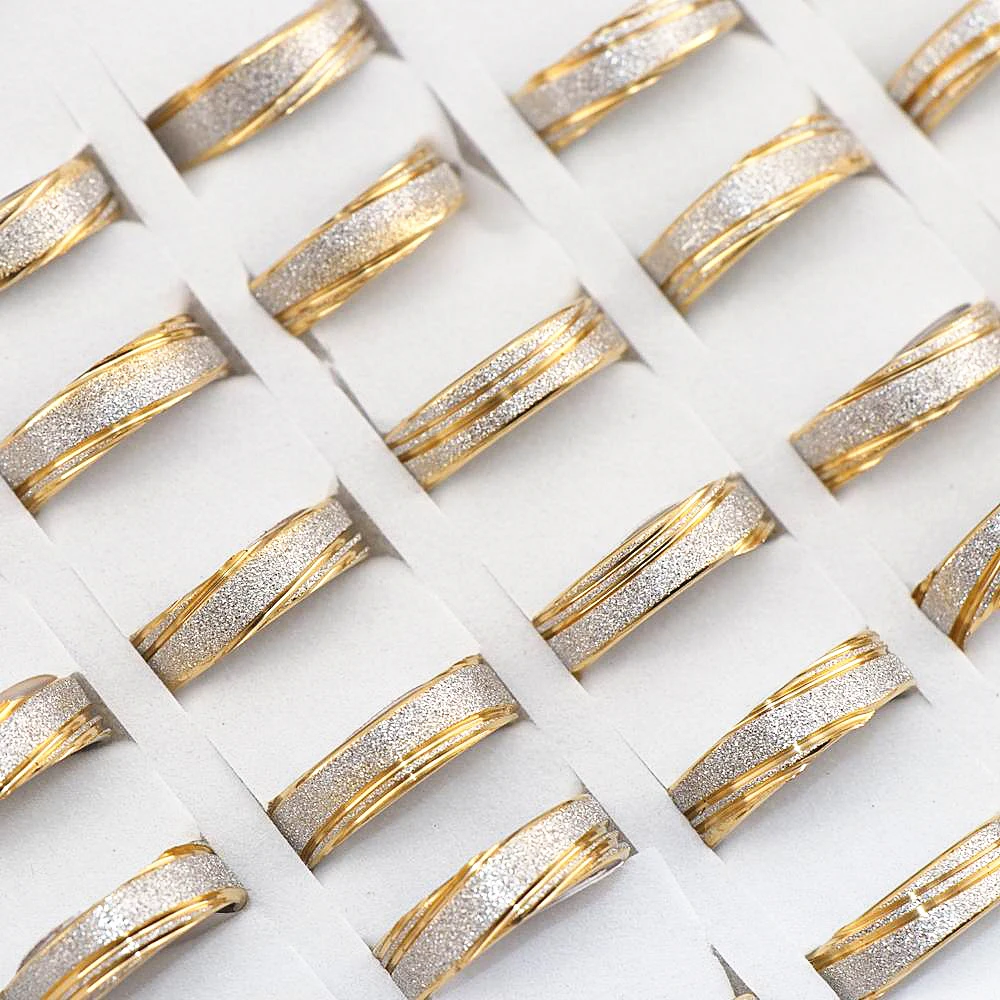 

Wholesale 36 Pcs/lot stripes Golden Scrub Stainless steel Rings Mens ring polished inside