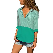 Large size Women's Blouse 2019 spring new office shirt fashion lapel striped long-sleeved Blouse double striped blouse