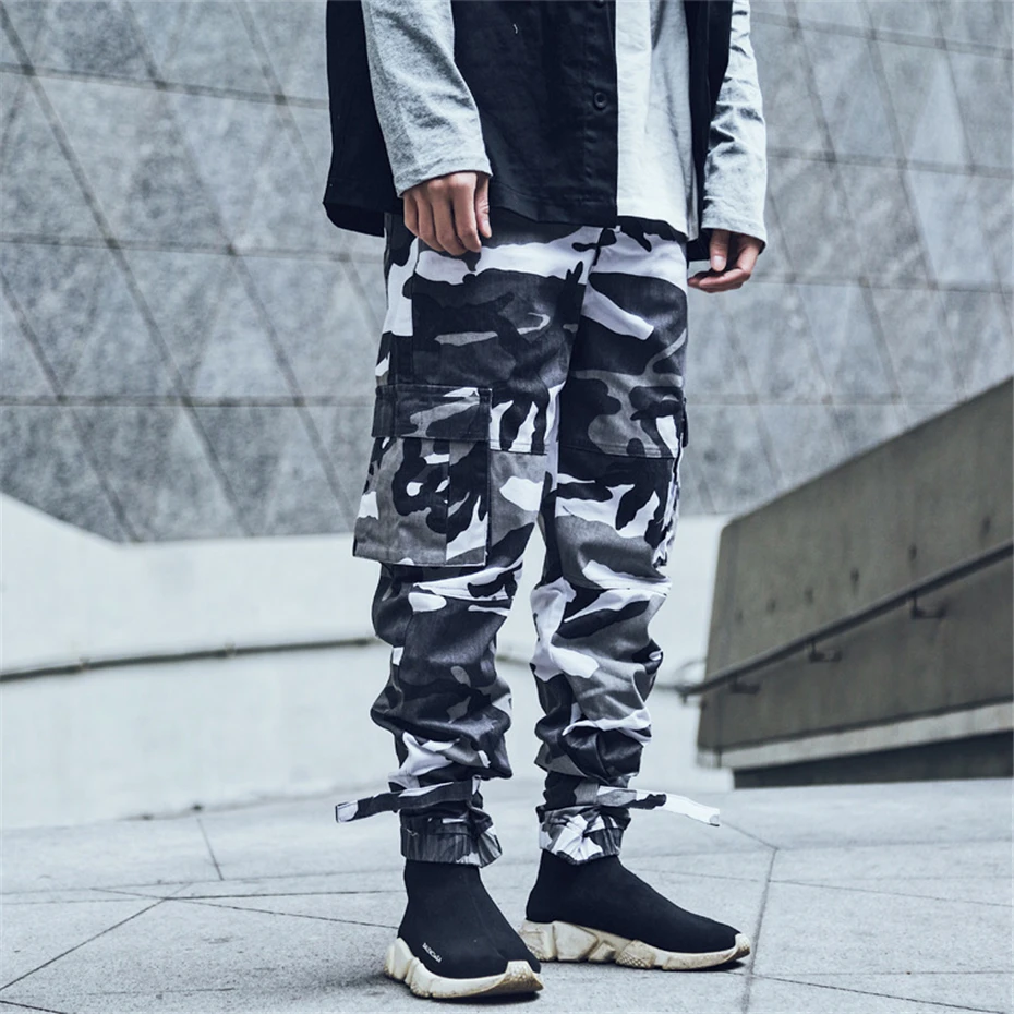 Мужские камуфляжные брюки-карго в стиле хип-хоп, тактические штаны для бега, Осенние повседневные уличные камуфляжные брюки с несколькими карманами, WG358