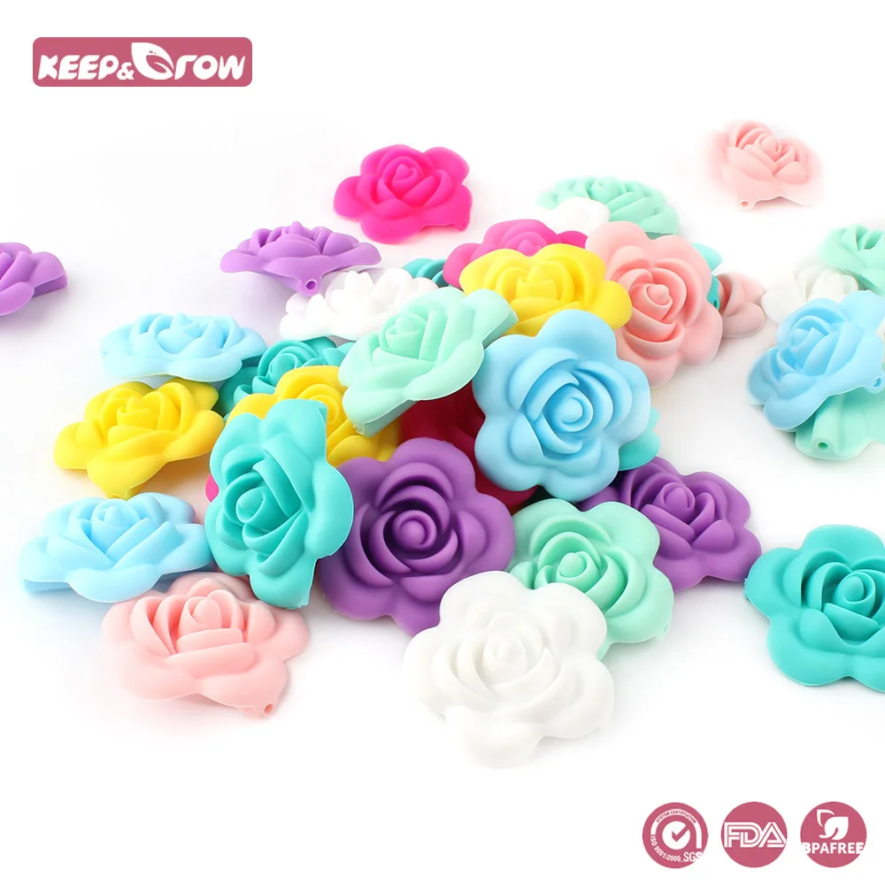 

Keep&Grow 100Pcs Silicone Rose Beads Food Grade Baby Teethers Flower Shaped Baby Teething Toys DIY Pacifier Chain Pendant