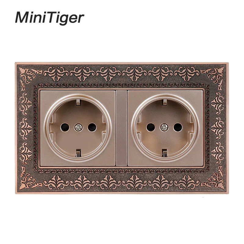 

Minitiger 16A Russia Spain Double EU Standard Power Socket 4D Embossing Retro Zinc Alloy Metal Panel Wall Electrical Outlet 146