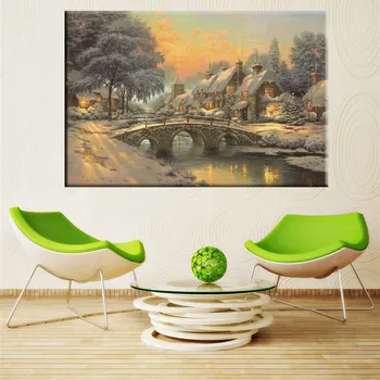 

Customized Cobblestone Bridge Country Cottage Snow Landscape Art Canvas Prints Pastoral Painting for Room Wall Decor Waterproof