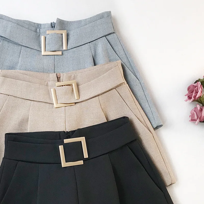 2019 шорты с высокой талией для женщин черный серый летние шорты с поясом элегантные офисные женские шорты с карманами feminino весенние широкие