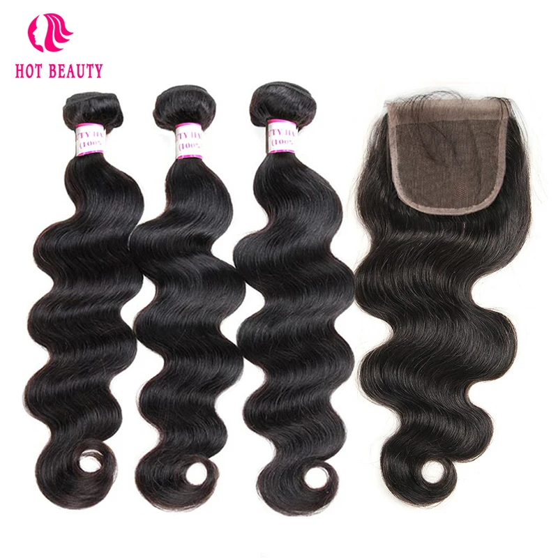 Hot Beauty Hair Brazilian Human Hair Body Wave Weave Hair Bundles With Free Part Pre Plucked Lace Closure Remy Human Hair 4PCS brazilian-body-wave-hair-bundles-with-closure