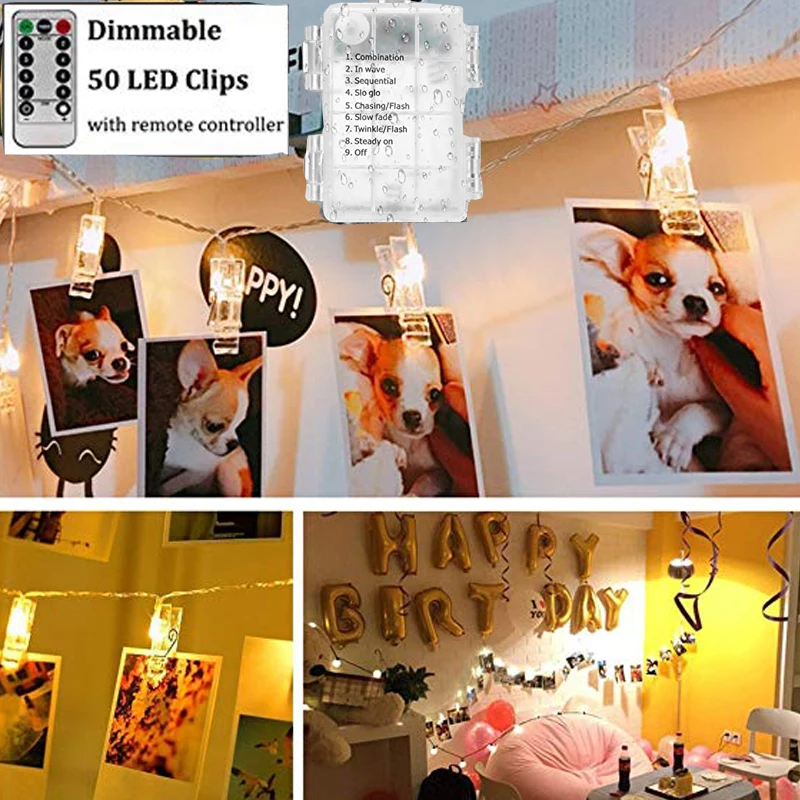 

Dimmable 50 LED Photo Clips String Lights Holder with Remote Timer Function Decute 8 Modes Fairy Lights for Hanging Pictures