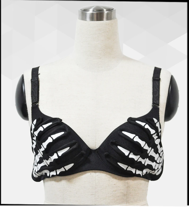 Black With White Skeleton Hands Pattern Punk Gothic Bras For Women Push Up Bra Sexy Bralette Top Brassiere Femme Nightclub Wear