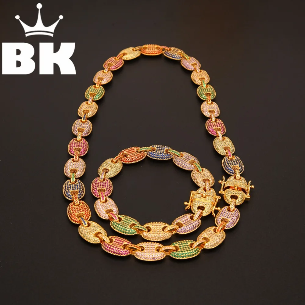 

13mm Mens Micro Paved CZ Mariner Link Choker Necklace & Bracelet Set Gold Finish Cubic Zirconia Puffed Link Chain