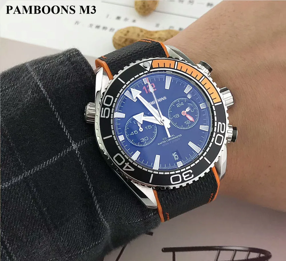 

PAMBOONS Top Luxury Brand Chronograph Watch Men's Fashion Sport Mechanical Watch Men Leather Strap Waterproof Watches Relogio