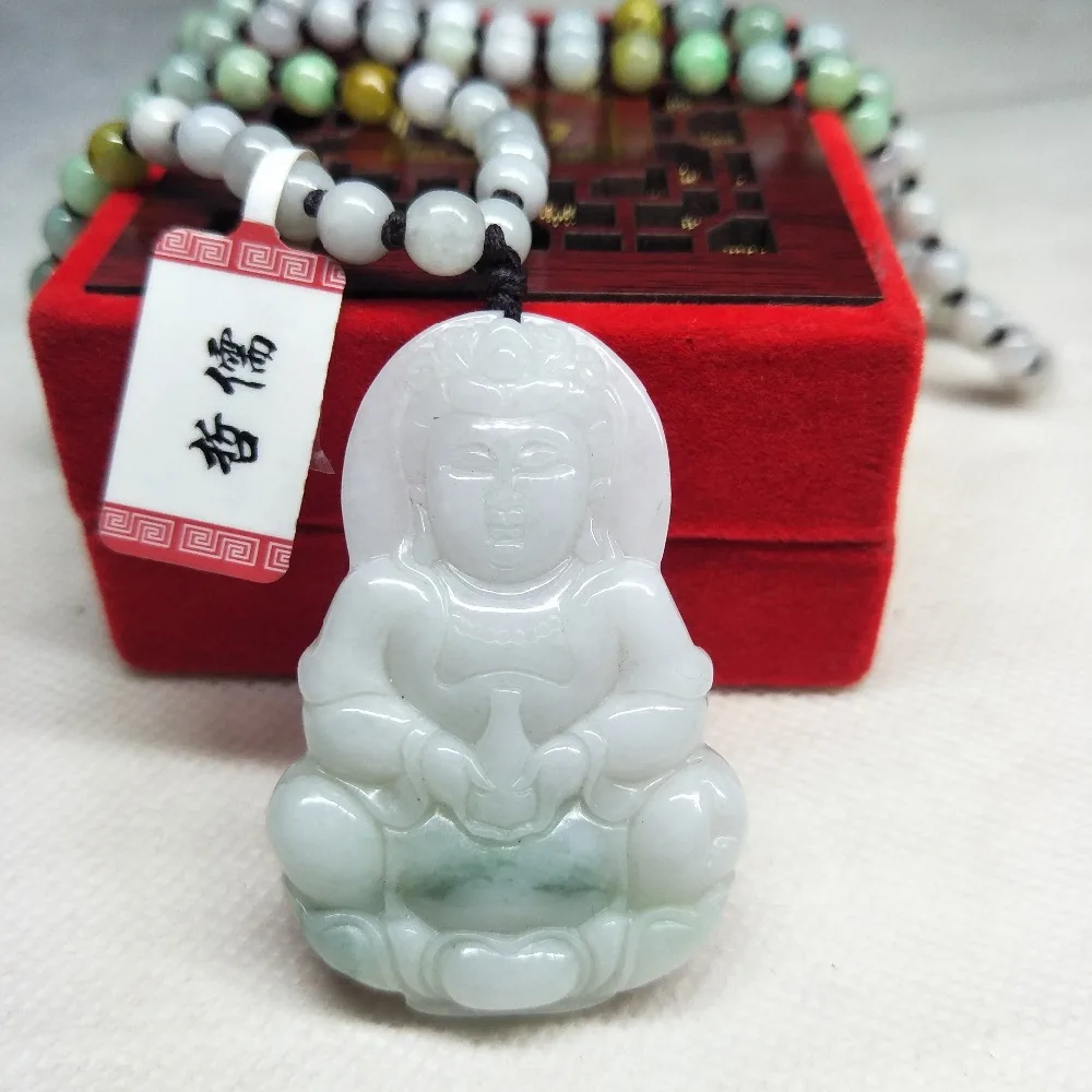 

Zhe Ru Jewelry Pure Natural Jadeite Light Green Stereo Guanyin Pendant Tricolor Jade Bead Necklace Send Class A Certificate