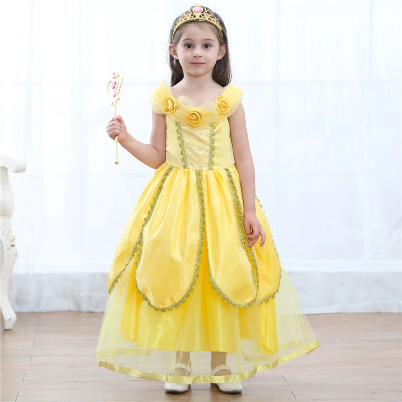 

2019 New Year Beauty and the Beast Costume Belle Fancy Princess Dress Children Costume Kids Girl Yellow Dresses for Party Wear
