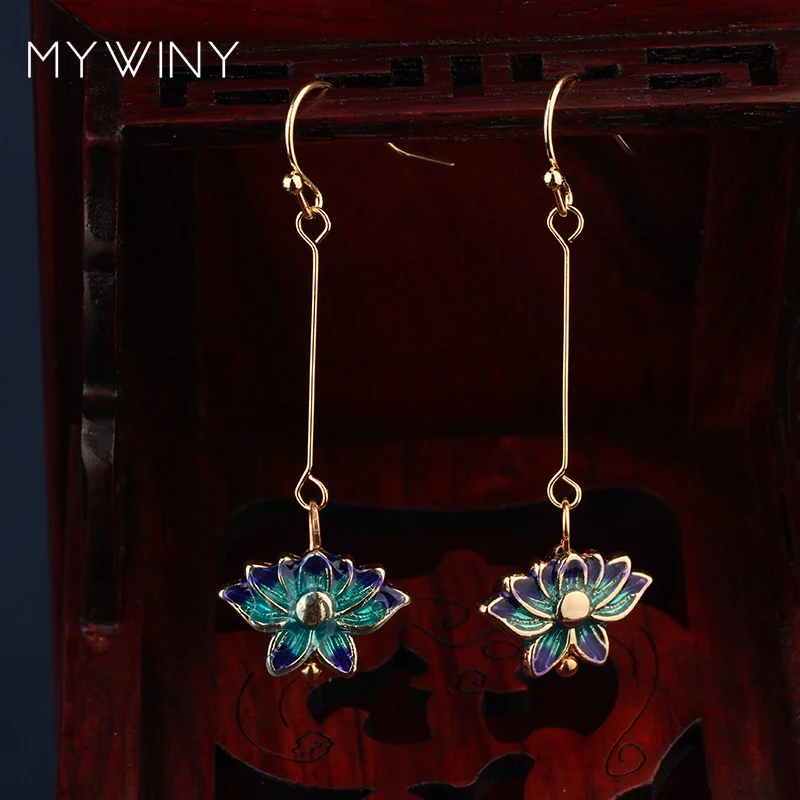 MYWINY новые модные ювелирные изделия серьги Lotus Flower китайский ветер эмаль длинные