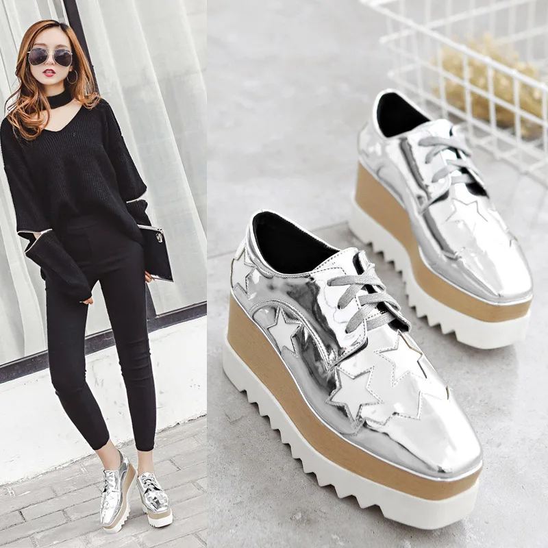 Shoe Women Fashion Platform Flats Silvery Lady Thick Soled chaussure Breathable Female Shallow footware Lace Up with Star K1-44