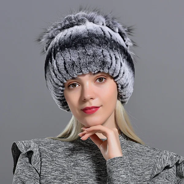 Black Grey o Raglaido мех Шапки для Для женщин зимние натуральный мех кролика рекс с аппликацией Детский жакет, вязанные женские, теплые, для снега, Шапки женская элегантная принцесса шляпа LQ11299 - Цвет: Black Grey o