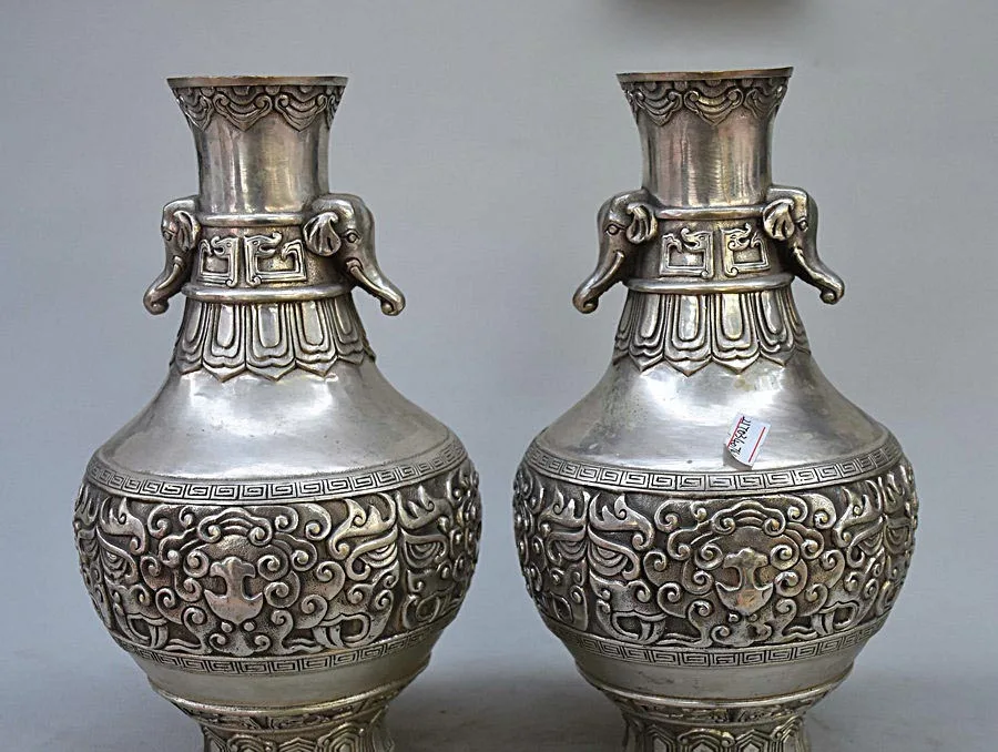 

10 China Royal Silver Elephant Evil Head Beast Face pattern Statue Vase Pot Pair