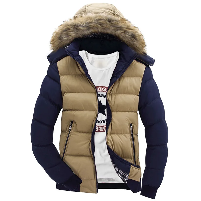 Зимняя мужская куртка с воротником из искусственного меха, Повседневная Лоскутная хлопковая стеганая парка с капюшоном, мужские куртки, брендовая одежда M-4XL