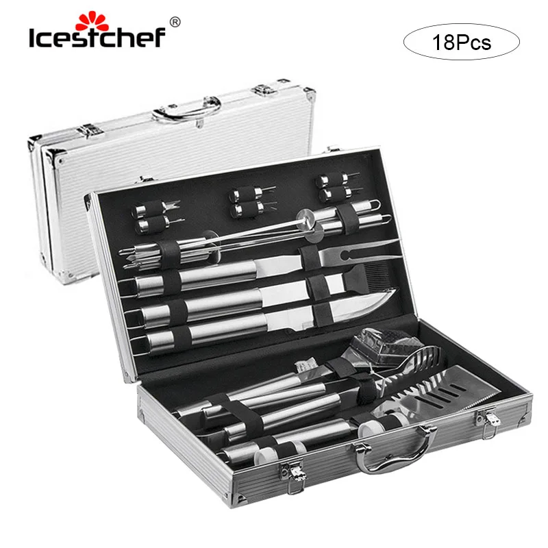 

ICESTCHEF 18Pcs/Set Stainless Steel Barbecue Cooking Utensil Set BBQ Grill Tool Kit With Carry Bag or Aluminum box
