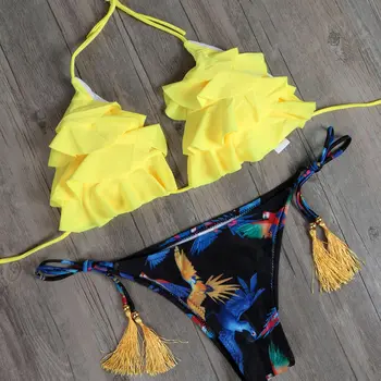 

Biqueno`s Secret Swimming Suit For Women Bikini Beach Wear Yellow Ruffle Bikini Set Swimwear Halter Tassel Biquini Bathing Suit