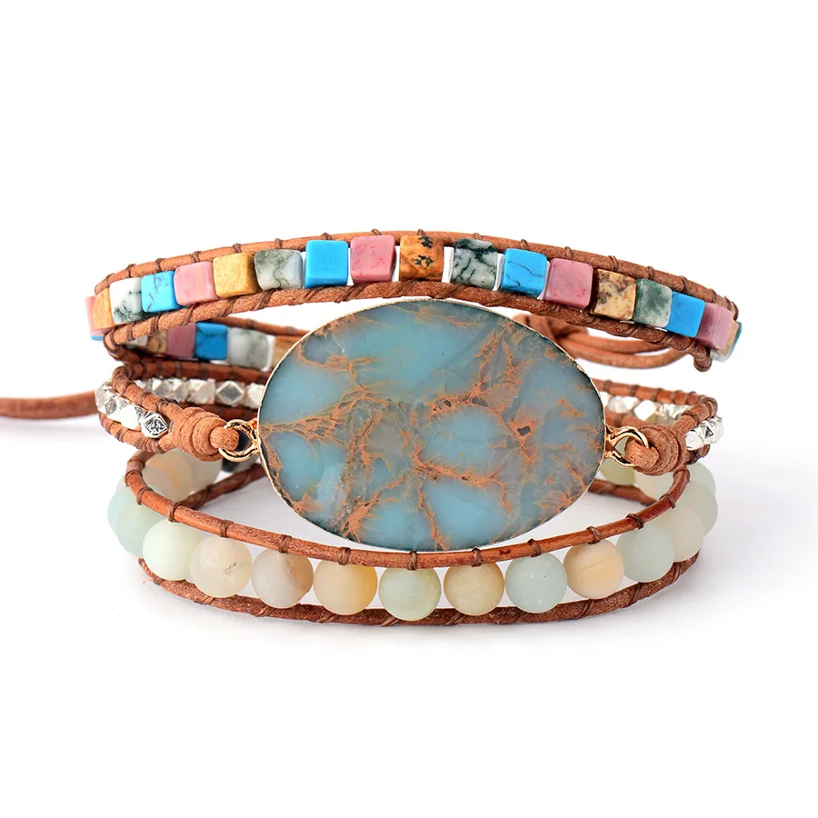DIY пояса из натуральной кожи Овальный Japser натуральный камень бусины браслеты сплава застежка тройной для женщин браслет прямая доставк