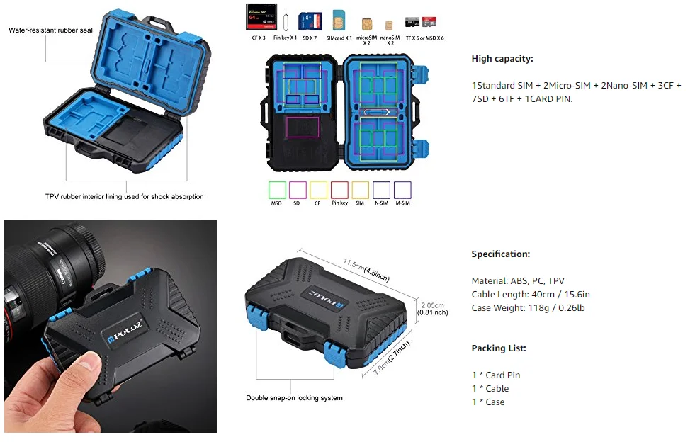 Кардридер+ 22 в 1 водонепроницаемый ящик для хранения памяти/SD чехол для 1 стандартной SIM+ 2Micro-SIM+ 2Nano-SIM+ 7SD+ 6TF+ 1 контактный разъем для карты