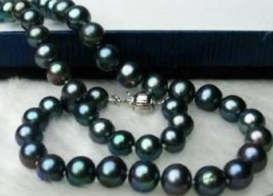 

18"8-9MM GENUINE TAHITIAN BLACK GREEN PERFECT ROUND PEARL NECKLACE 925silver