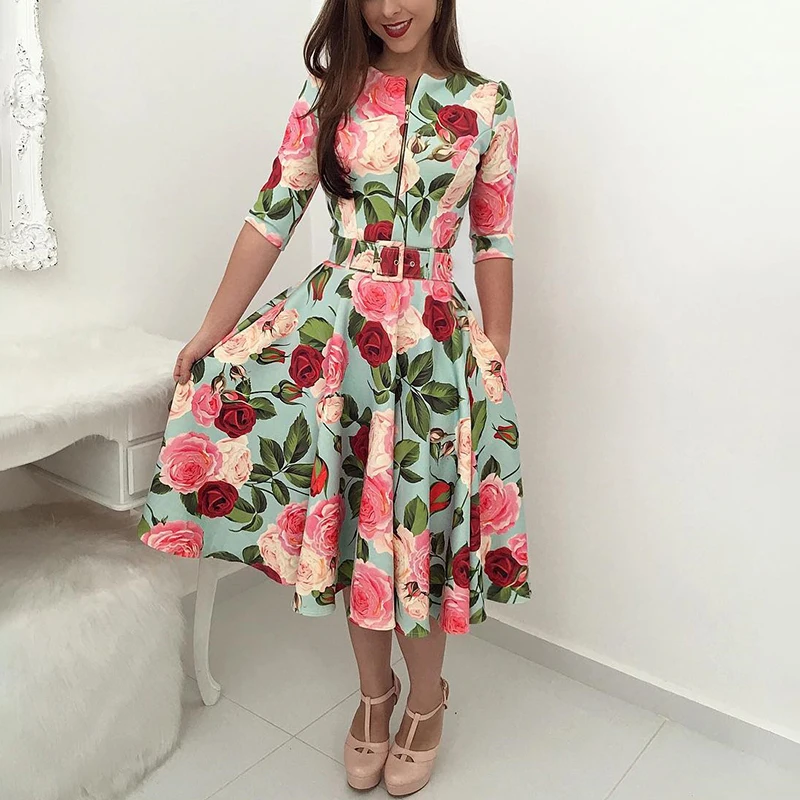 

Women Fashion Elegant Casual Colorful Party Vacation Midi Dresses Female A-Line Floral Print Zipper Up Self Belted Pleated Dress