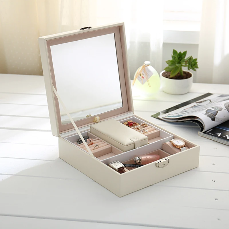 

JULY'S SONG Simple Personalized Pure Color Storage Box PU Leather Jewelry Packing Storage Container Case with Big Mirror CC432