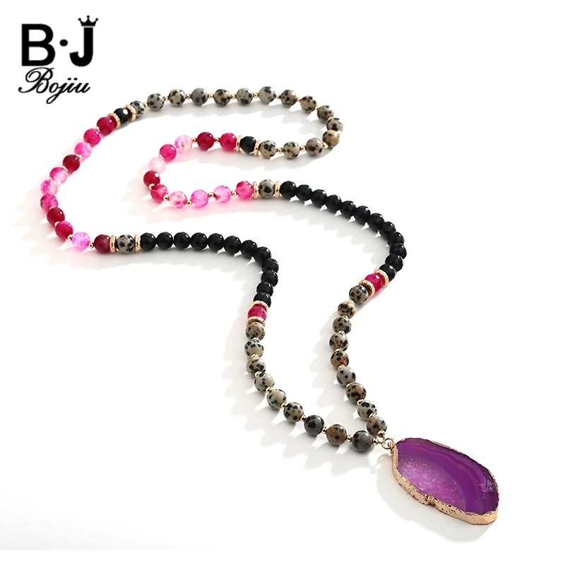 

BOJIU Bohemia Pendant Long Necklace For Women Fashion Natural Stone Woman Resin Mixed Stone Beads Elastic Long Necklace NKS049