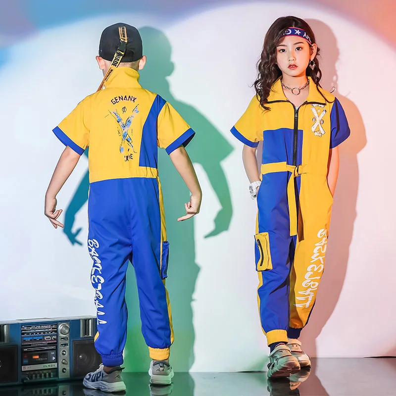 

New Hiphop Kids Dance Costume Onesie Yellow Short Sleeves Stage Clothes Kids Street Dance Clothing Girls Jazz Costume VDB756