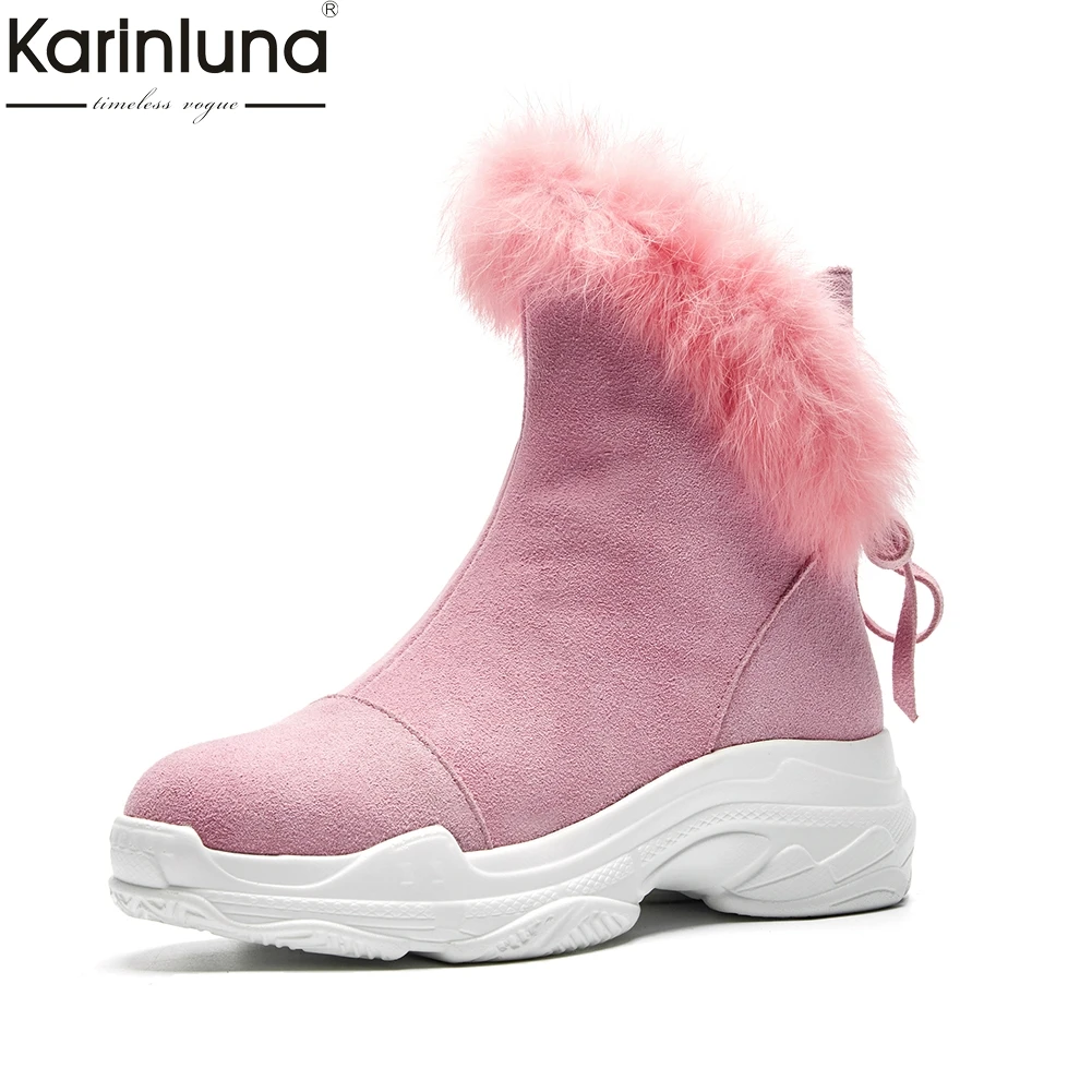 2018 Noir Chaude Russie En Karinluna Chaussures Plate Gros Vache Suède Hiver Femmes Cuir Cheville marron rose Fourrure Neige De forme Bottes trCQdhBsx