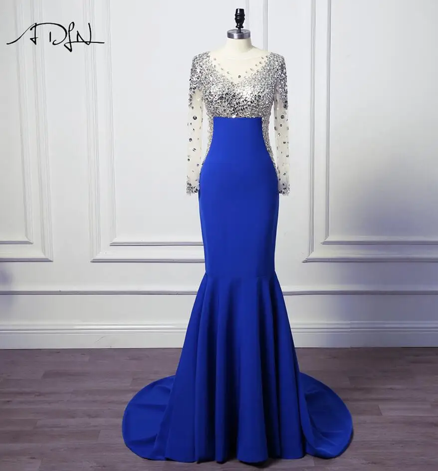 ADLN Новое поступление роскошные стразы вечерние платья Джерси Совок сексуальное с длинным рукавом платье-Русалка для выпускного Подгонянная длинная одежда для вечеринки - Цвет: royal blue