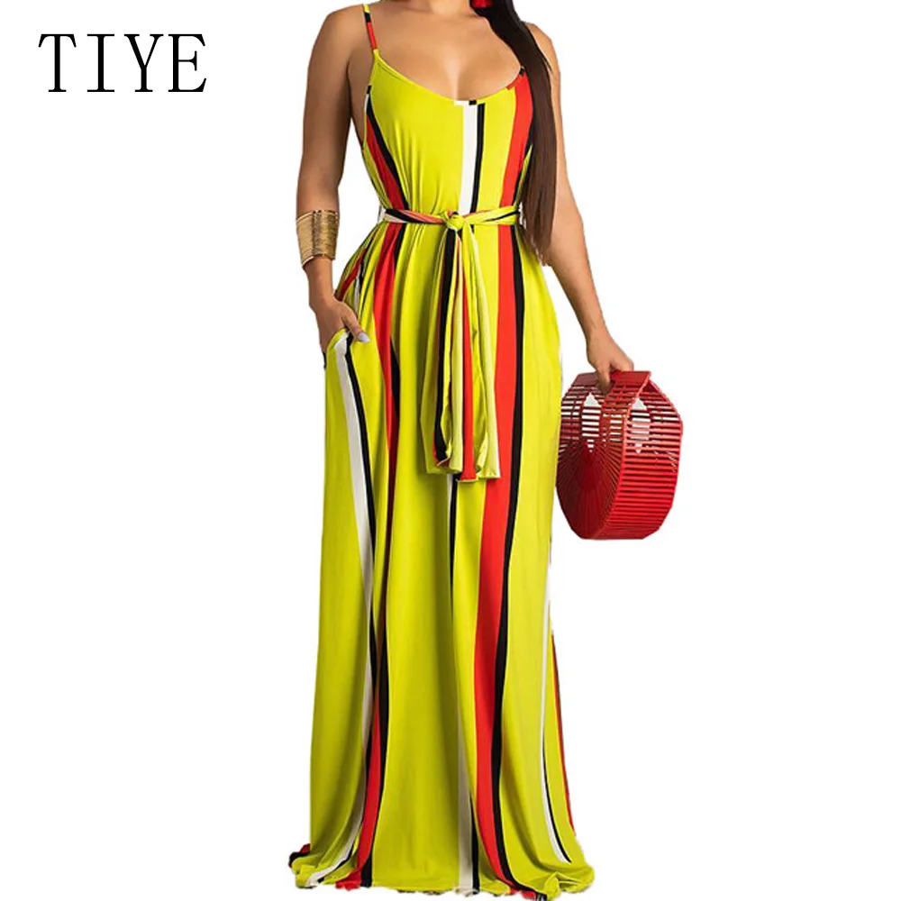 

TIYE Yellow Loose Vintage Bohemian Maxi Dress Women O Neck Sleeveless Spaghetti Strap Dress Summer Casual Vocation Long Dress