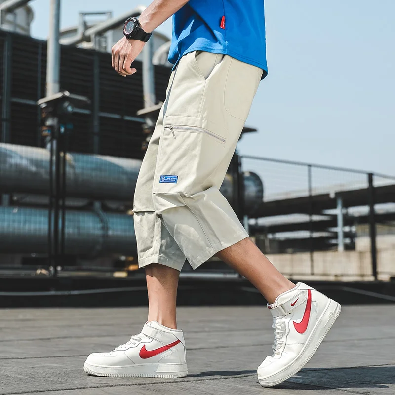 

Solid Color Calf-Length Pants Zippers Pocket Straight Men's Pants Elastic Waist Large Size Calf-Length Pants