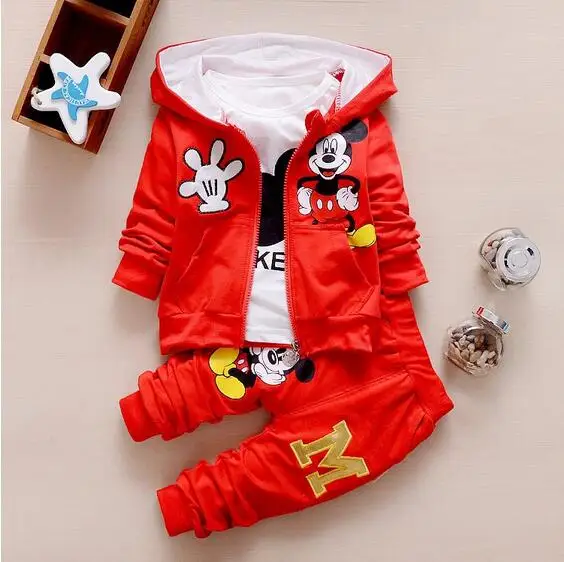 Комплект одежды с Минни для маленьких девочек, Осенние костюмы Микки для мальчиков, Детские хлопковые пальто с капюшоном, рубашка и штаны, комплект детской одежды из 3 предметов