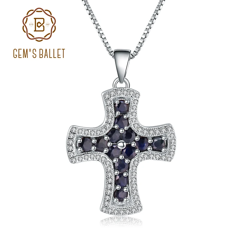 

Gem's Ballet Natural Blue Sapphire 925 Sterling Silver Cross Pendant Necklaces for Women Sterling Silver Fine Jewelry Collares