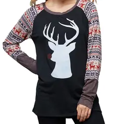 ZH женские футболки с длинным рукавом на осень-зиму, однотонные повседневные топы с принтом оленя и лося, женская одежда, женская футболка