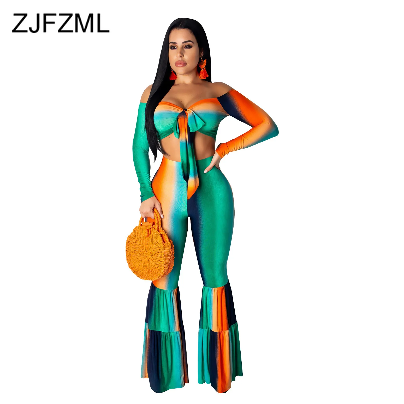 

Gradient Color Sexy Two Piece Tracksuit Women Slash Neck Long Sleeve Crop Top And Bodycon Flare Pant Summer Matching Set Outfits